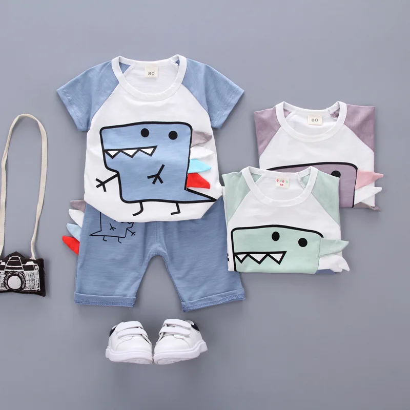 Autumn boy Girls Baby dinosaur pattern Kids Short sleeve Children wear casual top + trousers comfortable clothes 12M-3Y | Детская одежда
