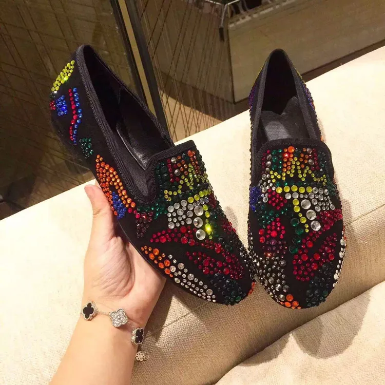 

Colorful Rhinestones Women Flat Shoes Sapato Feminino Round Toe Crystal Casual Women Shoes Genuine Leather Flats Women Loafers