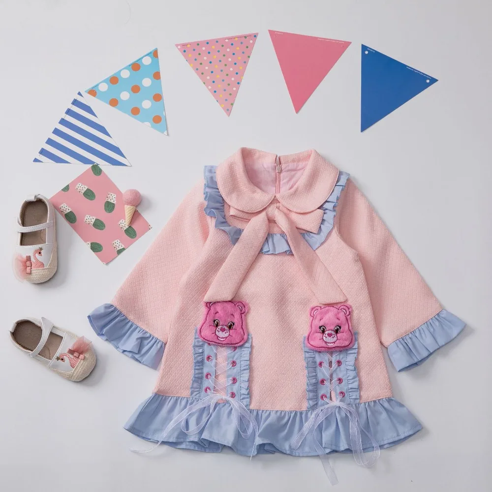 Girl dress Autumn back to school dress cartoon bear pink color princess dress