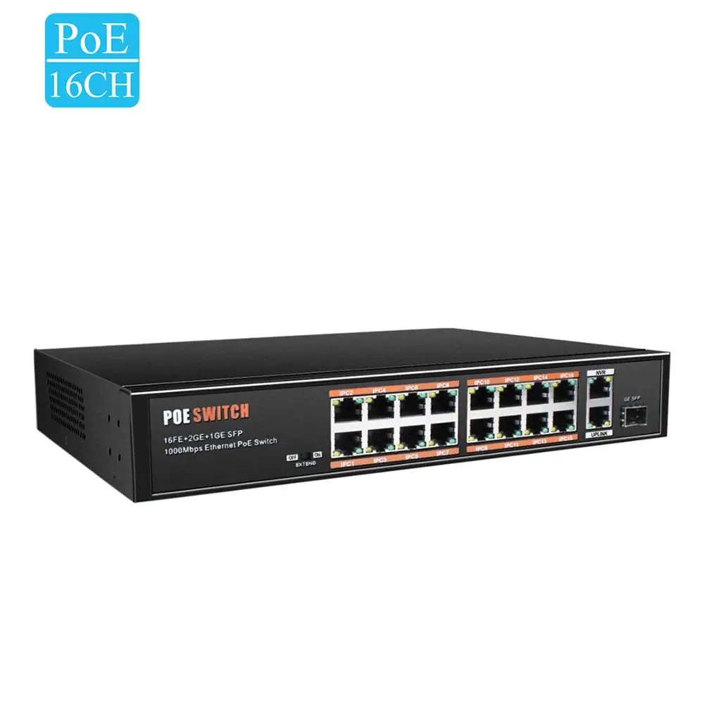 

BESDER 16CH PoE Switch 1000M Uplink PoE Switch Support IEE802.3af/at With 16 PoE Port 250M Long Transmission For PoE IP Cameras