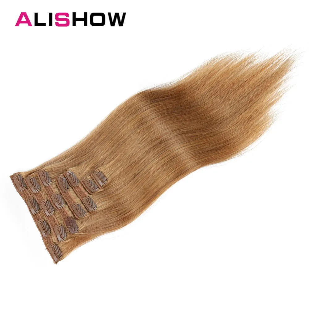 Alishow человеческие волосы для наращивания 100 г клип в remy волосы прямые сложенные пополам волосы настоящие человеческие волосы светло-коричневый 7 шт