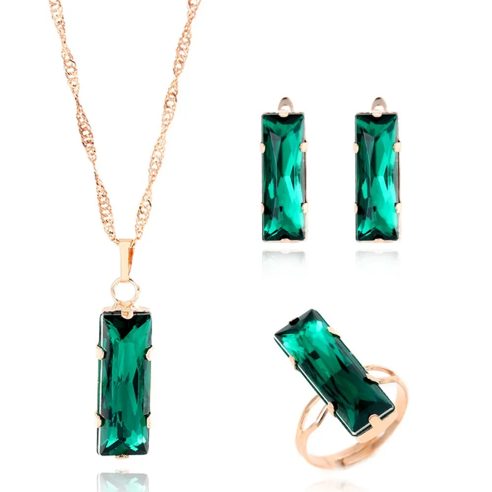 

Classic AAA Green Crystal Square Earrings Necklace Ring Jewelry Set Cheap Price 3pcs/set