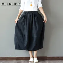 Mfelier, летние хлопковые льняные юбки, женские плиссированные юбки с эластичным поясом и боковыми карманами, свободные повседневные Черные, синие женские юбки