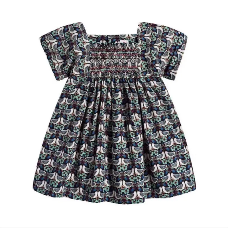

Summer&Spring Floral Pattern Baby Girls Dress Full Print Party Boutique Smocking Bird Pattern Dress for Girls Cherry Clothes