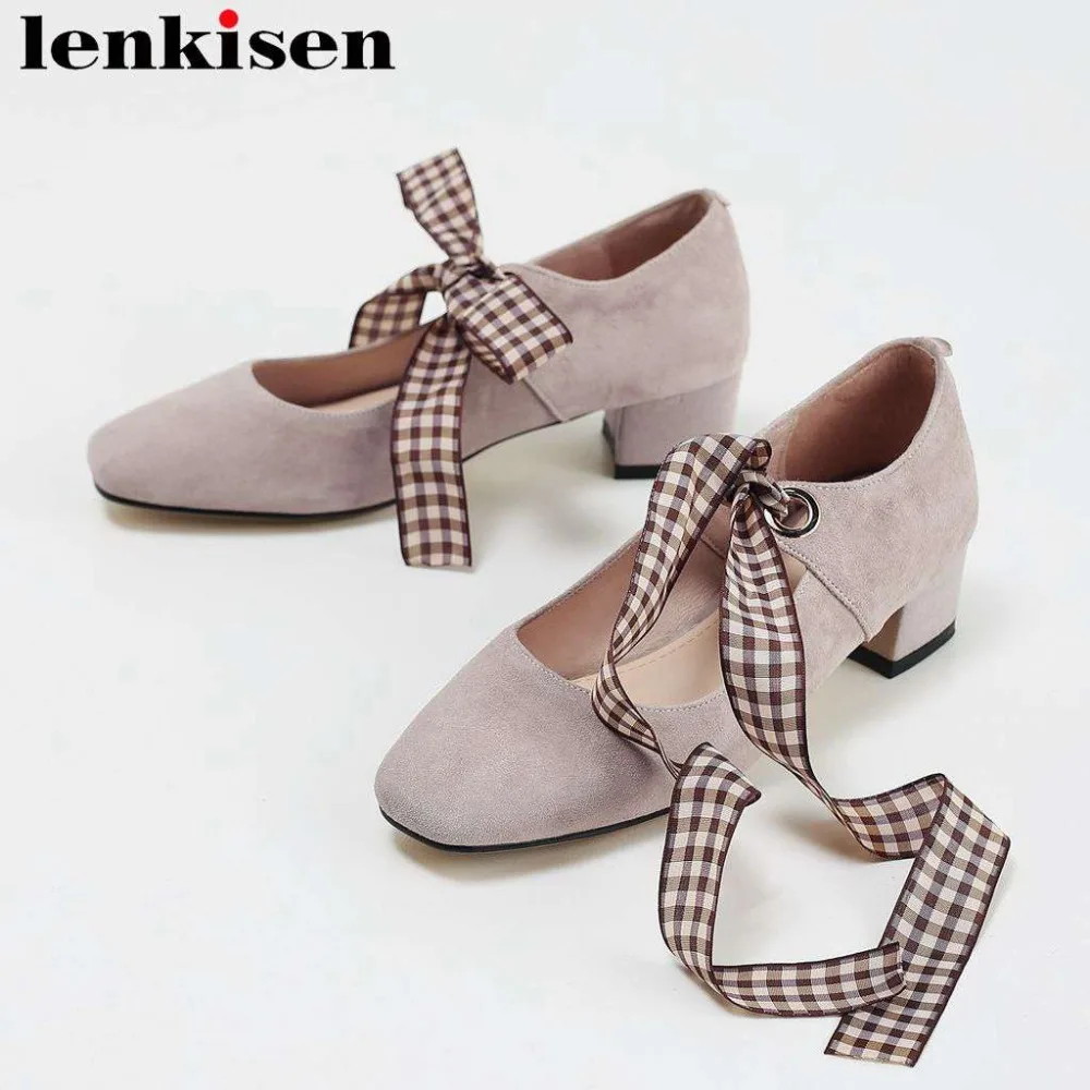 

Lenkisen genuine leather chunky med heels popular checkered riband lace up bowtie pumps Mary Janes square toe daily shoes L13