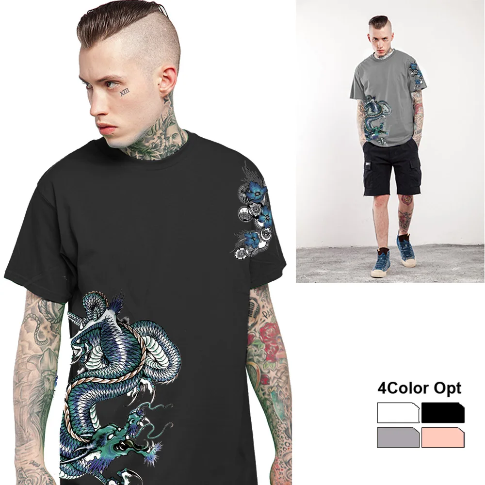 

Men Women Unisex Adult Loose Short Sleeve T Shirt Hip Hop Tee Rock Top Skate Board Summer Casual Cotton Clothing Flower Dragon