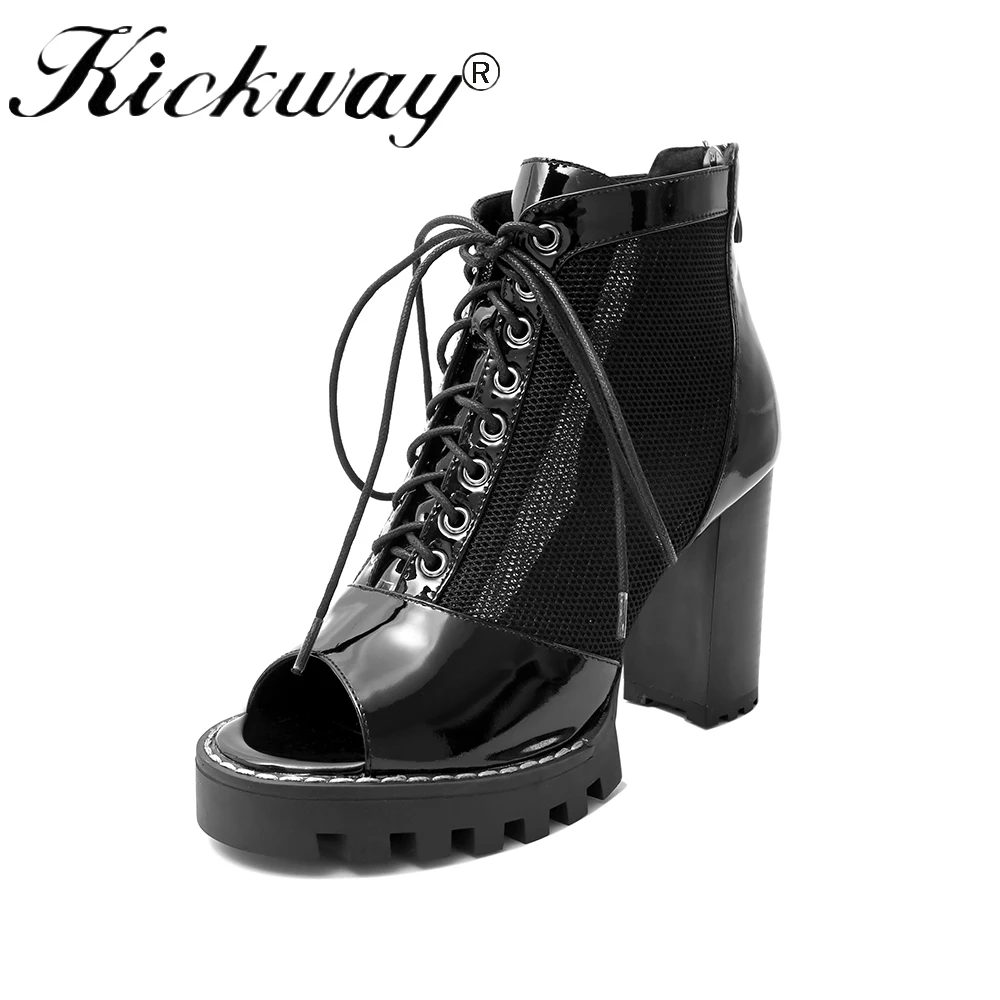 

Kickway 2018 Fashion Women's Spring Summer Open Toe Boots Casual Ankle Boots Thick High Heels Peep Toe Women Boots Size 35-41