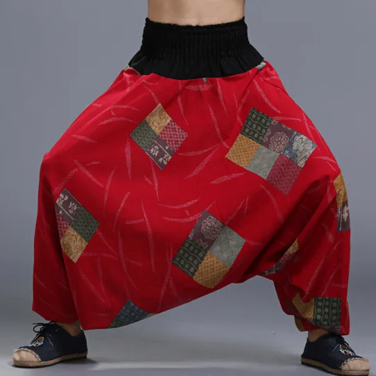 Men Ethnic Pants Spring Autumn High Quality Indian Nepalese Style Costumes Yoga Casual Broad-legged Printed Linen Elastic Pants - Цвет: red