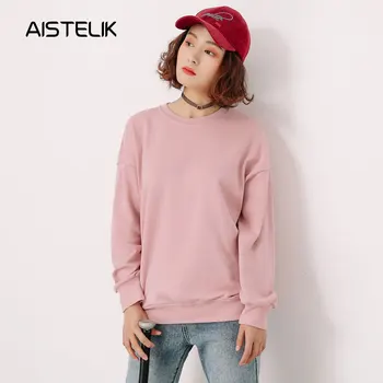 

AISTELIK new women's hoodies Korean students round neck long paragraph pure cotton solid color pullover casual fashion coat