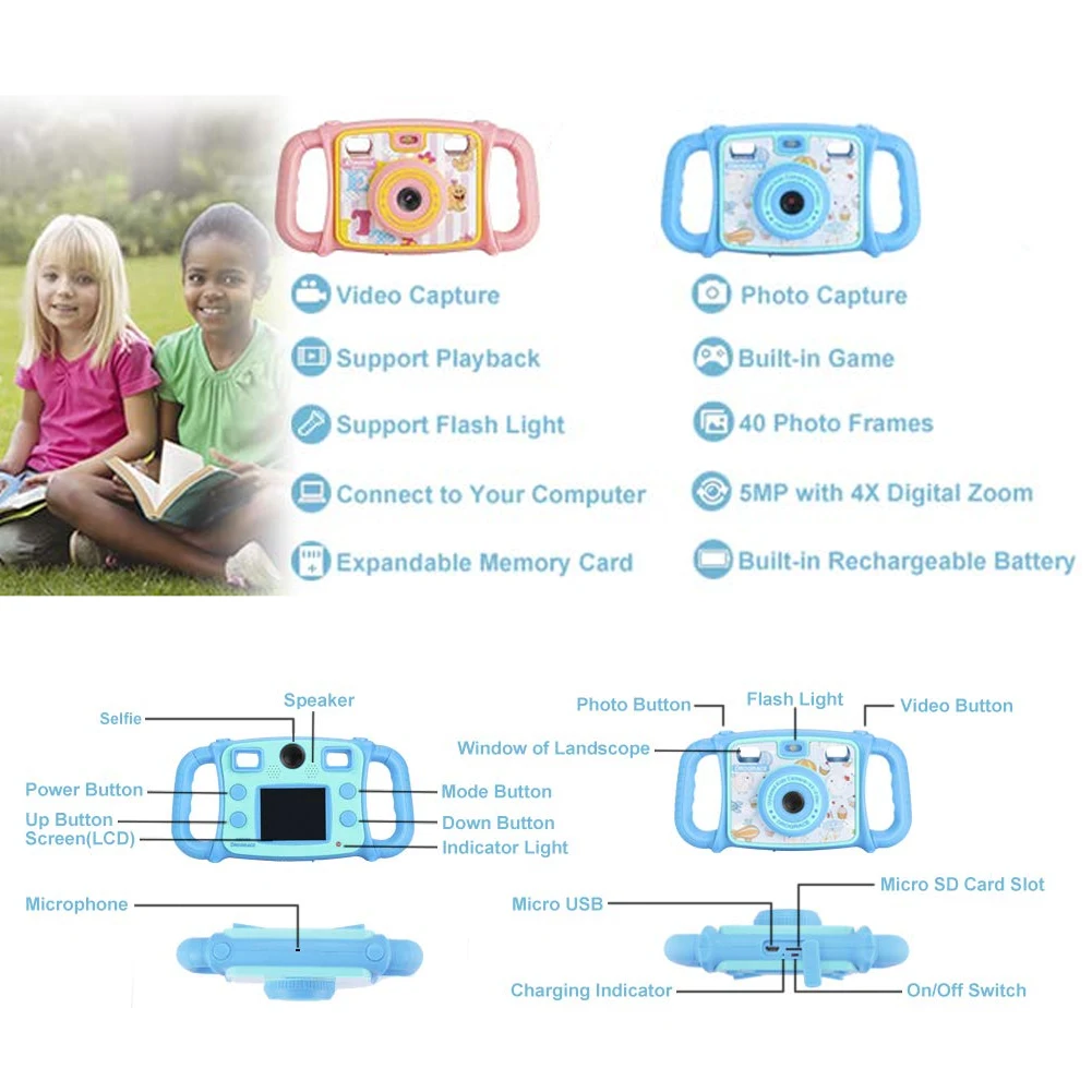 Детская цифровая камера с зумом и двумя объективами, видеокамера с двумя объективами, двойная селфи-камера, 1080P HD, видеокамера с ЖК-экраном 4X