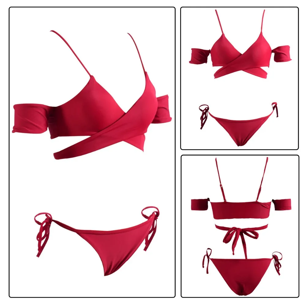 

2019 Red Swimwear for Women Push Up Women Low Waist Swimsuit Female Solid Bikinis Set Swim Wear Wire Free Bikini