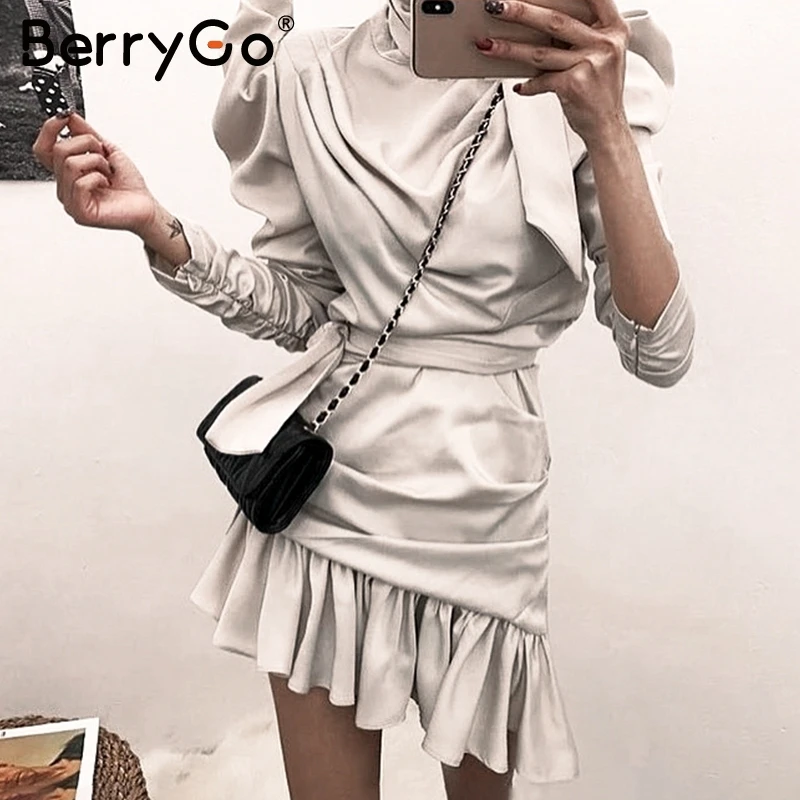 

BerryGo Elegant ruched satin dress women Long sleeve ruffled boe tie neck female short dresses Party club sashes ladies vestidos