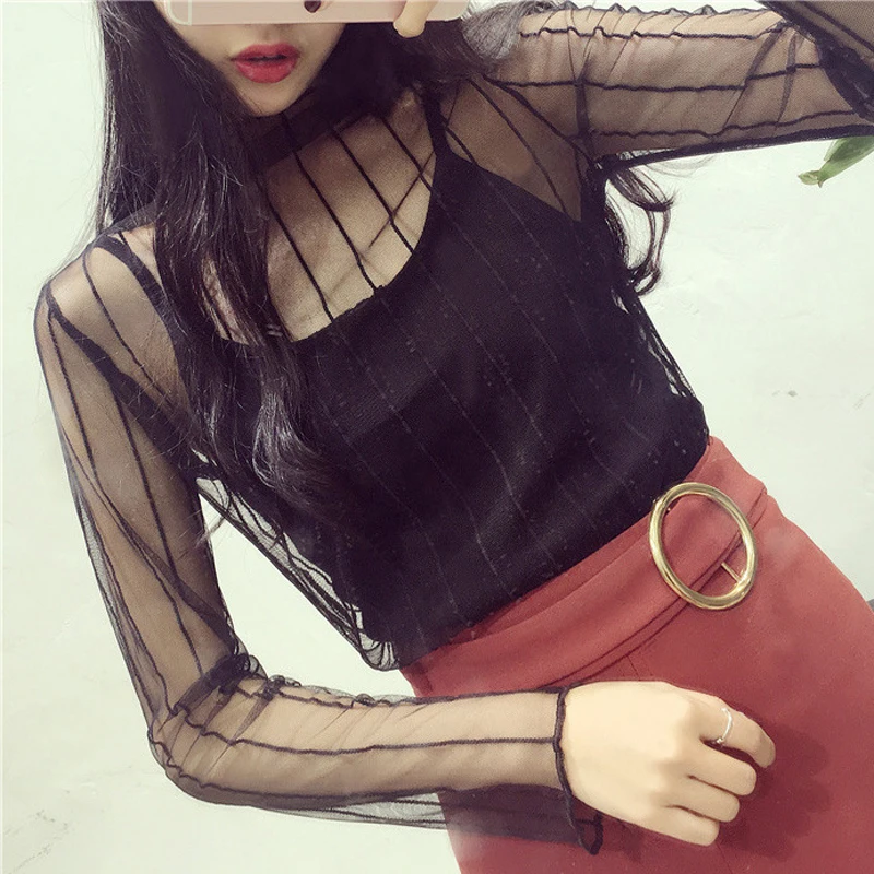 1pc Women Sexy Harajuku Mesh Net T Shirt Hollow Transparent Undershirt