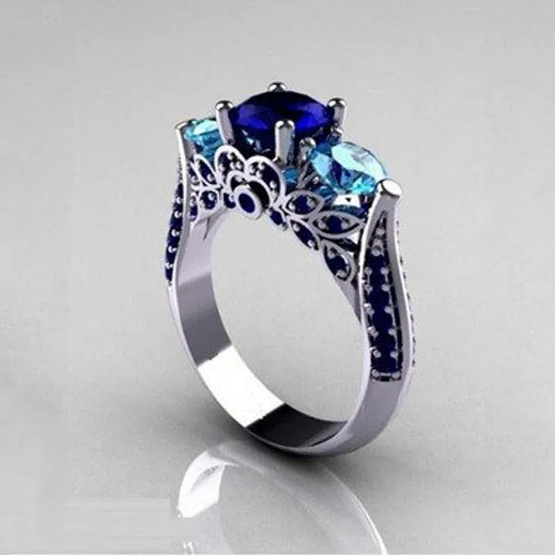 Blue Crystal Cubic Zirconia Engagement Ring Elegant Wedding Band Rings