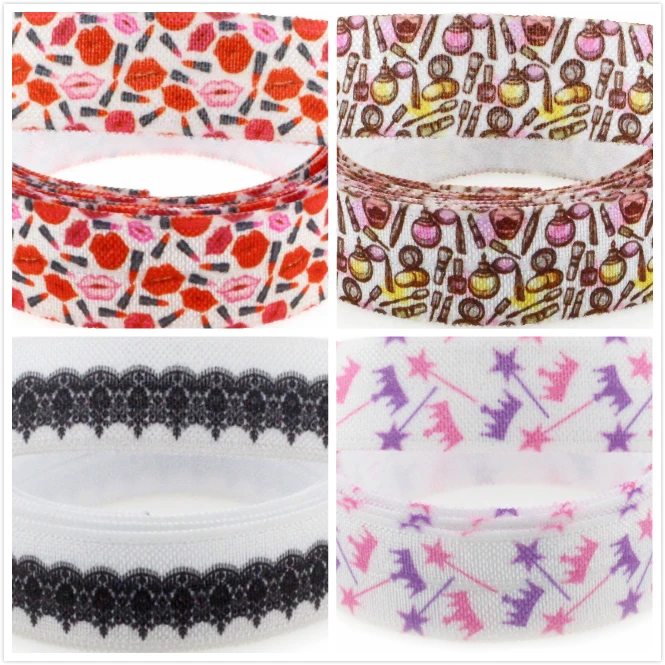 

5/8"16mm Girly Series Lipstick Fashion Pattern Printed Fold Over Elastic Ribbon DIY Gift Packing Stuffs Party Decor 50Yards/Roll