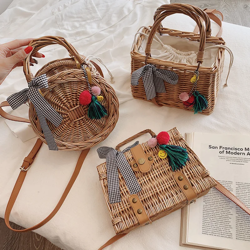 

woven straw bag for women round box basket bohemian ribbons knitting handbags female beach crossbody bag with small ornament