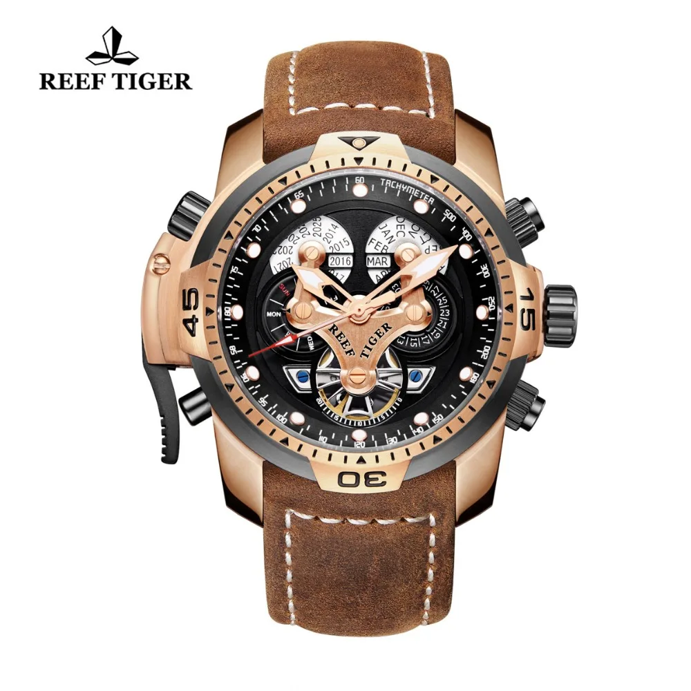 

Reef Tiger/RT Military Watches for Men Genuine Brown Leather Strap Rose Gold Automatic Wrist Watch relogio masculino RGA3503