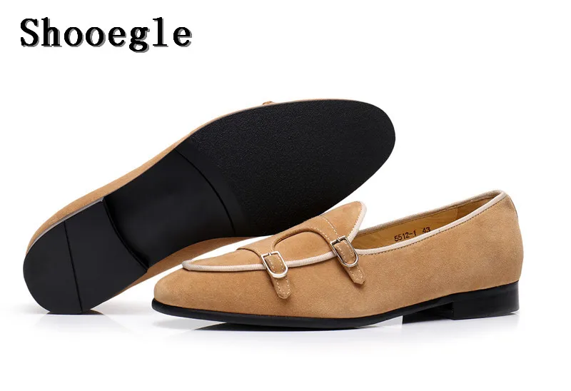 SHOOEGLE Винтаж Стиль Для мужчин повседневная обувь Double Monk Strap коричневые с пряжкой мокасины замшевые Свадебная вечеринка высокое качество