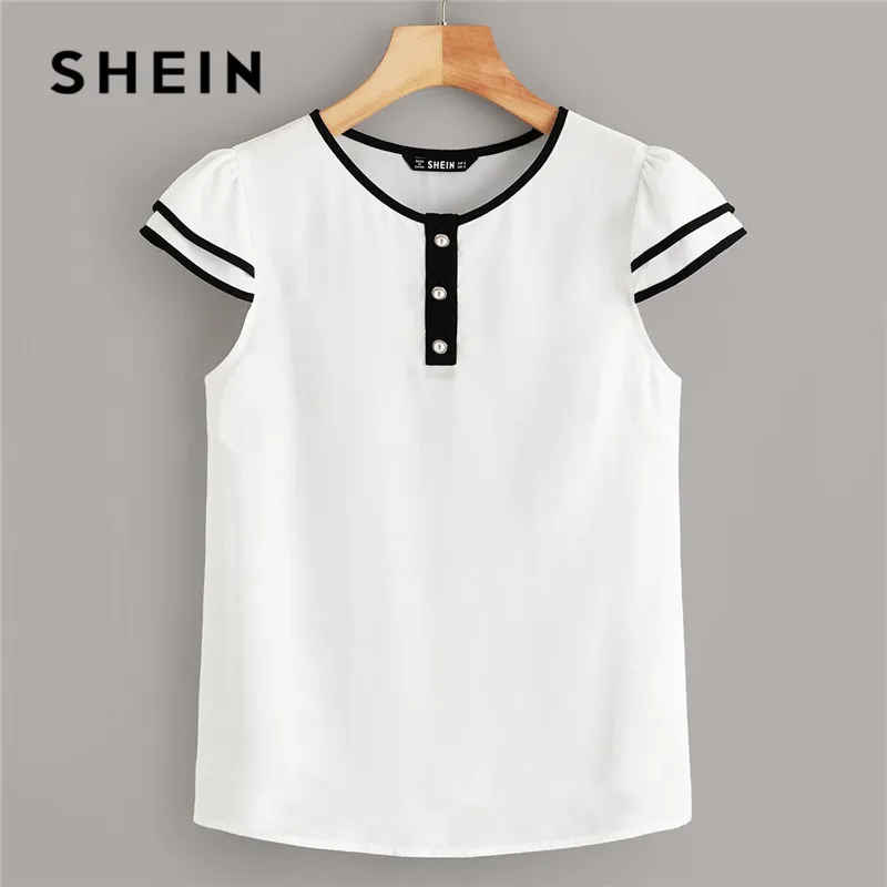 

SHEIN Contrast Piping Half Button Detail White Blouse Womens Clothing Round Neck Short Sleeve Summer Blouse Casual Ladies Tops
