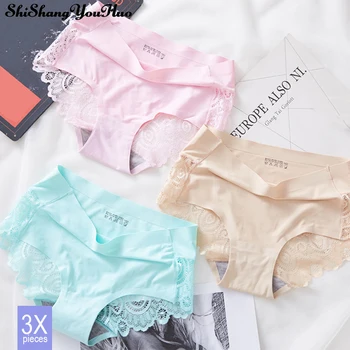 

3pcs Sexy Lace Panties Women Briefs Seamless Underwear Silk Ladies Transparent Bikini Cotton for Girls Erotic Panty