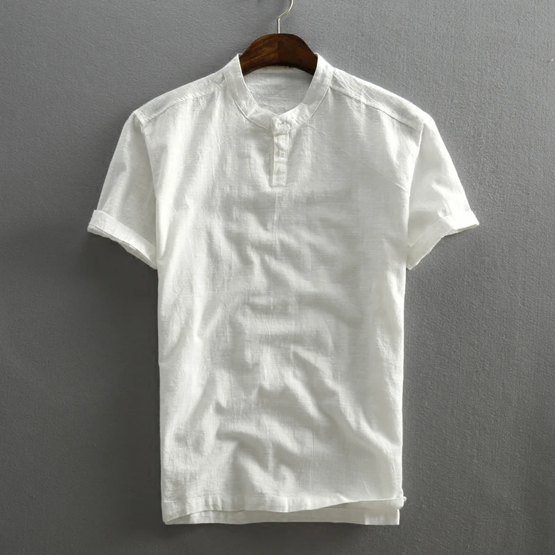 Schinteon мужская повседневная хлопковая льняная рубашка Летняя однотонная тонкая с коротким рукавом стоячий цвет
