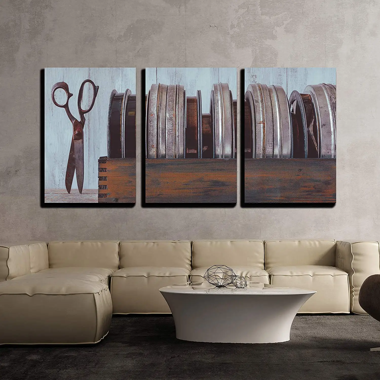 3 Piece Canvas Wall Art Wooden Box with Old Movies and Scissors Modern Home Decor Stretched No Framed Panels | Дом и сад