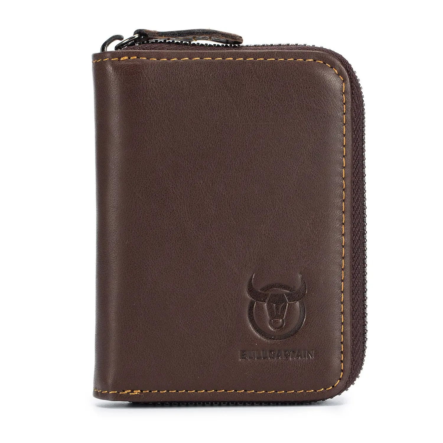 

DCOS-BULLCAPTAIN Genuine Leather Men Wallet Card Pack Zipper Card Case Holder Credit Card Bag Short Coin Purse