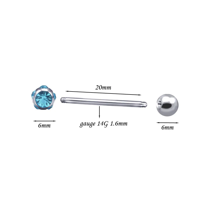 Fashion Barbell Tongue Ring Piercings For Tongue 20mm Long Bar 14G 1.6mm Thickness Czech Crystal Body Pircing Jewelry Tragus New3
