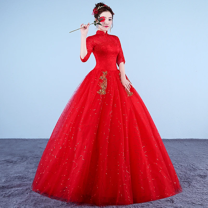 Это yiiya плюс Размеры новая высокая шея Половина рукава пайетки Свадебные платья А красный, Белый Простой кружева дешевые платья невесты XXN180