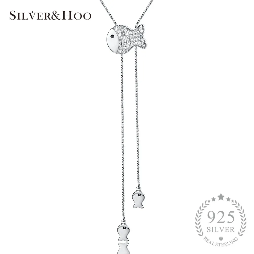 

SILVERHOO Chic Long Fish Pendant Necklace 925 Sterling Silver Sweater Chains Necklace Fine Jewelry for Women Accessorie