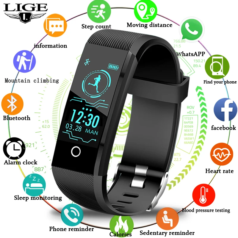

LIGE Smart Watch Men Fitness Tracker Pedometer Heart Rate Blood Pressure Monitor IP67 Waterproof Sports Watch Fitness Bracelet