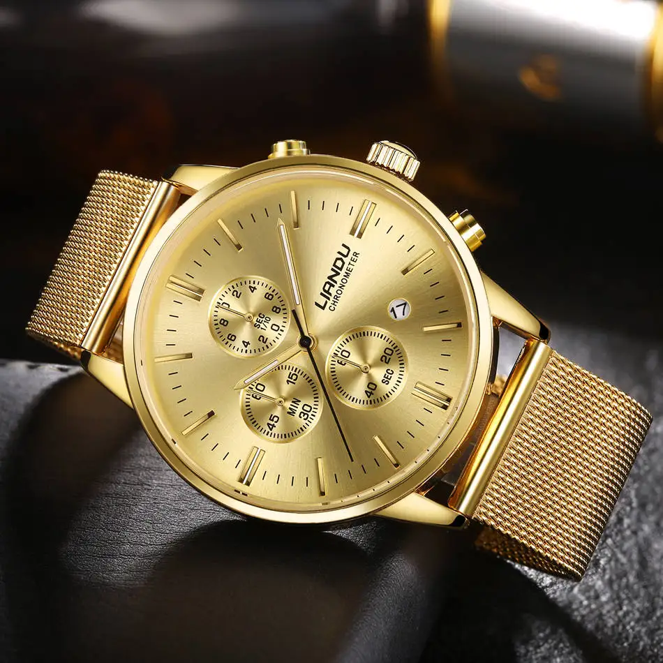 

LIANDU Steel Business Watch Male Clock Models Quartz Watches Three Dial Round Luxury Brand Famous Chronograph For Mens Gift 2018