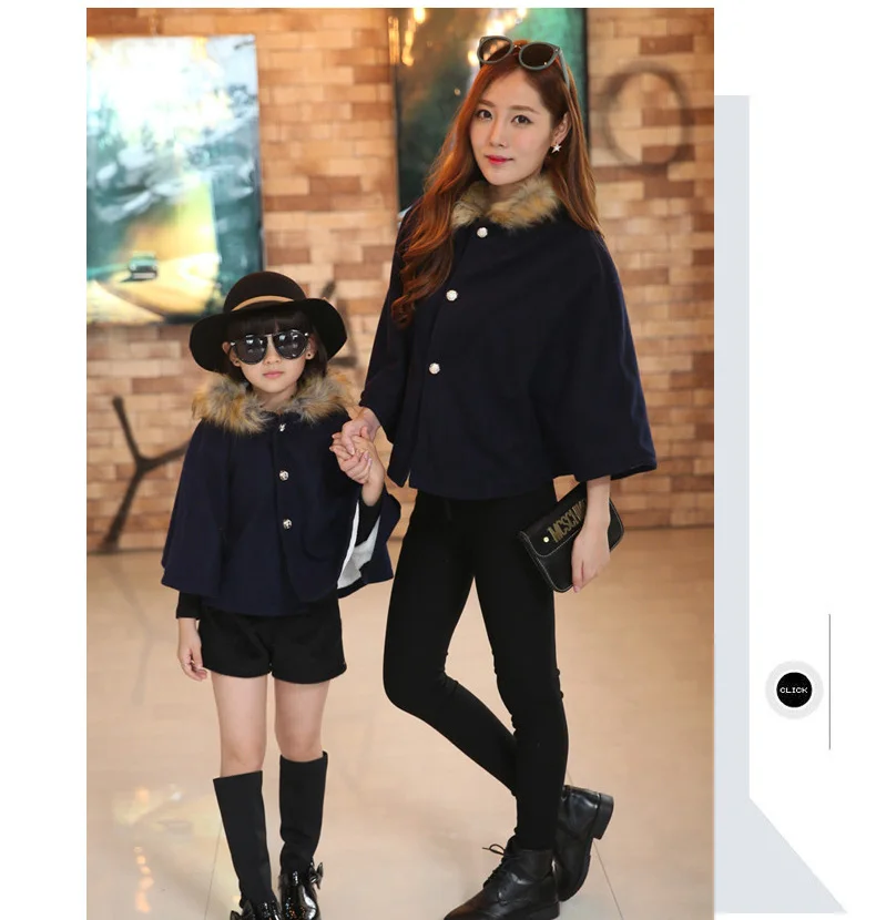 Мама и дочь соответствующие одежда мода шерстяное пальто пончо меховой воротник капюшоном зима бушлат осень кабо-пончо плащ одинаковая одежда для мамы и дочки - Цвет: NAVY BLUE coat