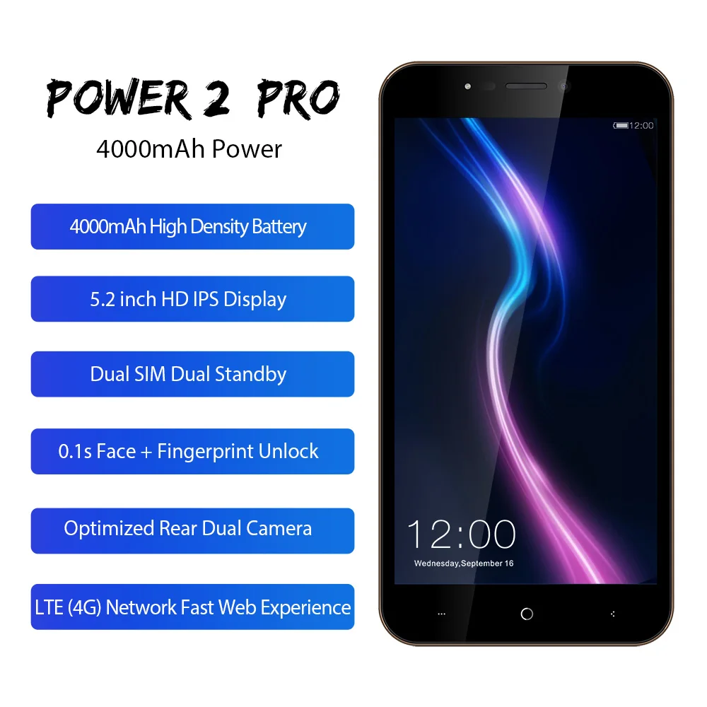 

LEAGOO POWER 2 PRO Mobile Phone 5.2"HD 4000mAh RAM 2GB ROM 16GB Android 8.1 MT6739 Quad Core Dual SIM Fingerprint 4G Smartphone