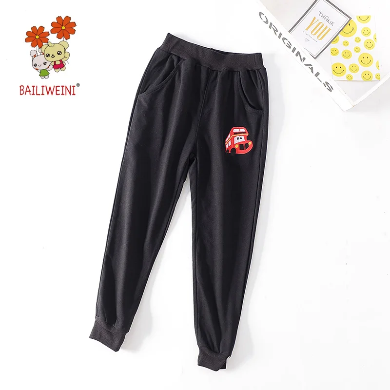 BAILIWEINI/осенние хлопковые махровые разноцветные спортивные штаны для мальчиков и девочек детские повседневные штаны с вышивкой - Цвет: Black Cartoon Bus Ca