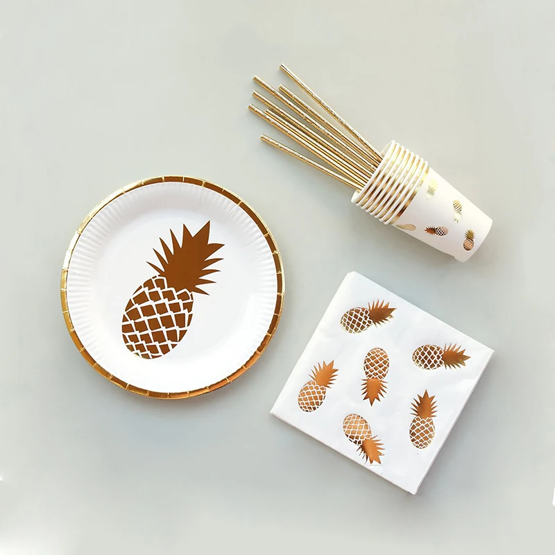 buy Pineapple Party Plate paper dishes cups napkins Fruit Festival decorationKids Wedding Party Birthday Party Tableware Supply