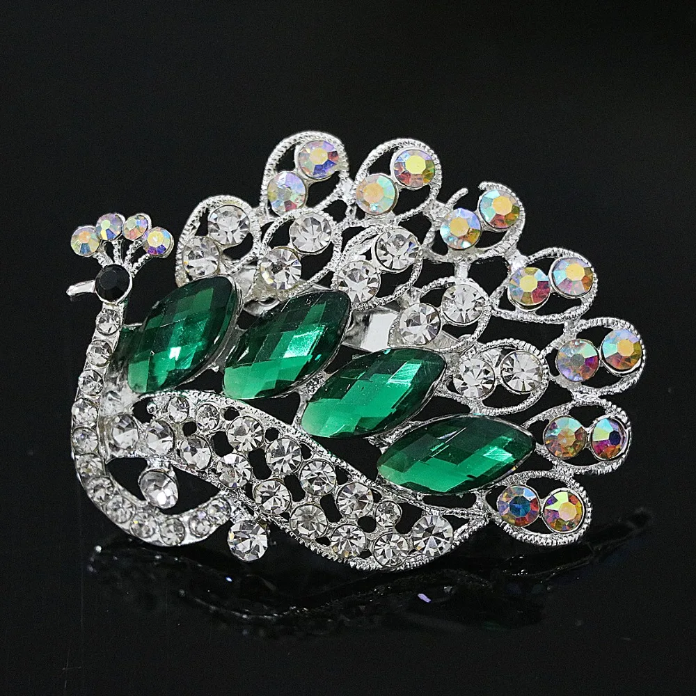 

Trendy Bohemia peacock brooch animal design colorful rhinestone crystal sliver plated pin jewelry B1250