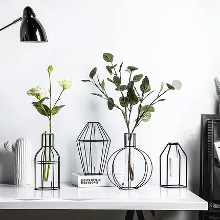 Simple Nordic Geometric Glass Hydroponic Transparent Wrought Iron Flower Vase Home Living Room Fake Decoration Ornaments | Дом и сад