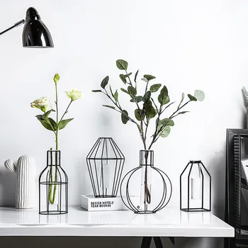 

Simple Nordic Geometric Glass Hydroponic Transparent Wrought Iron Flower Vase Home Living Room Fake Flower Decoration Ornaments