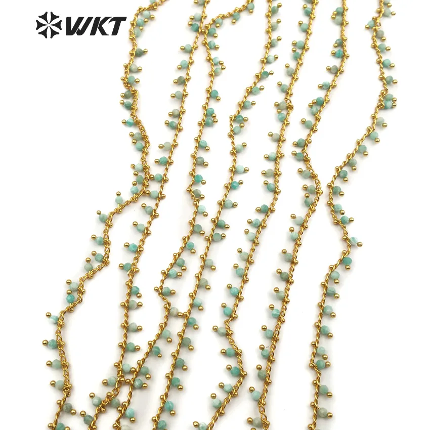 

WT-RBC086 WKT Wholesale bulk rosary stone chain greenish-blue colour round bead with gold metal wire wrapped bead in 3mm