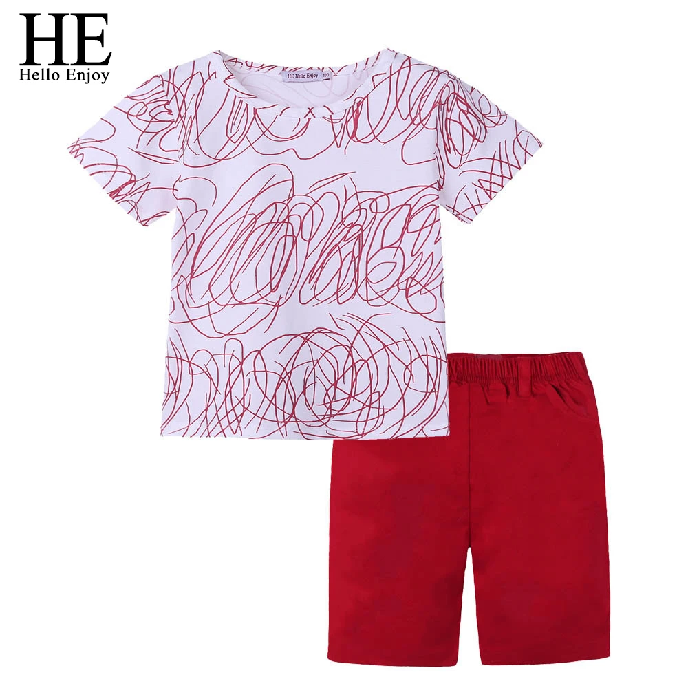 

HE Hello Enjoy Children Clothing 2pcs Sets Kids Clothes Summer 2018 Fashion Short Sleeve Print T-shirt+ Red Shorts Suits Outfits