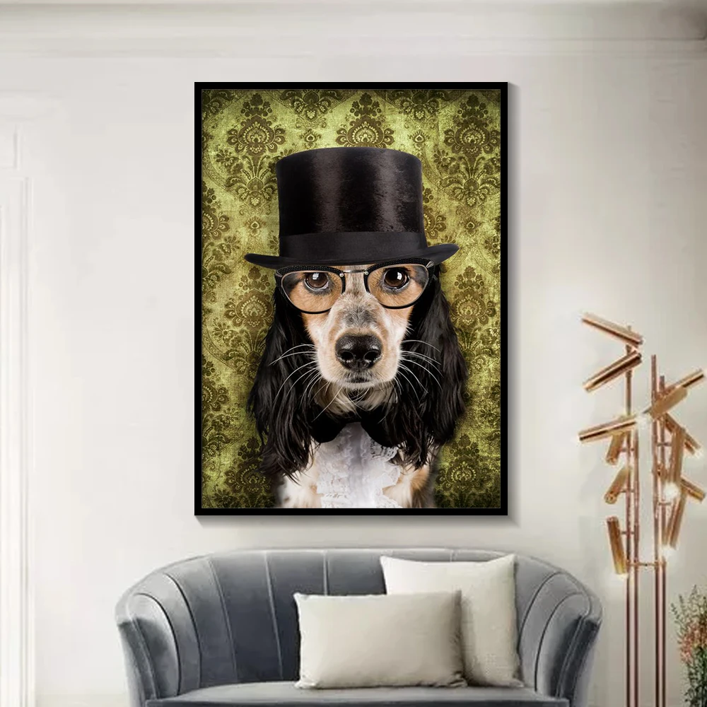 Черно-белые стильные художественные плакаты и принты на стену с изображением собаки, кошки, волка, лисы, животных в шляпе, перьев, на холсте, домашний декор