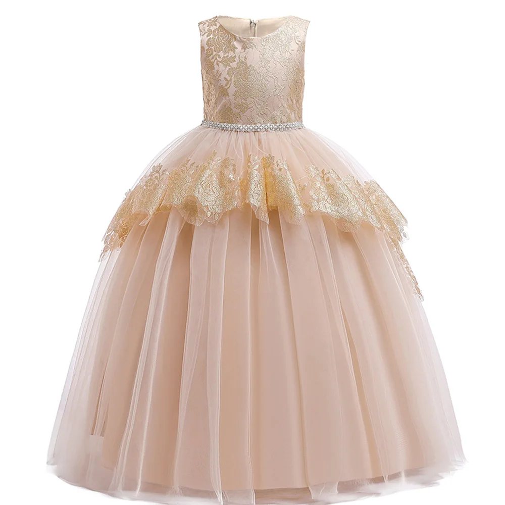 

Elegant Lace Embroidery Appliques Ankle-Length Flower Girls Dress With Shine Bow Girls Evening Party Dress Vestido Comunion
