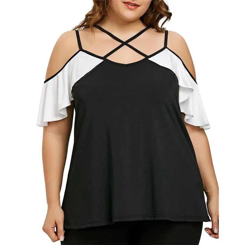 

KWAN_Fashion female T-shirt Plus Size Cold Shoulder Flounced Strapless Patchwork Ruffle tops tees T-shirts camiseta mujer 2019 #