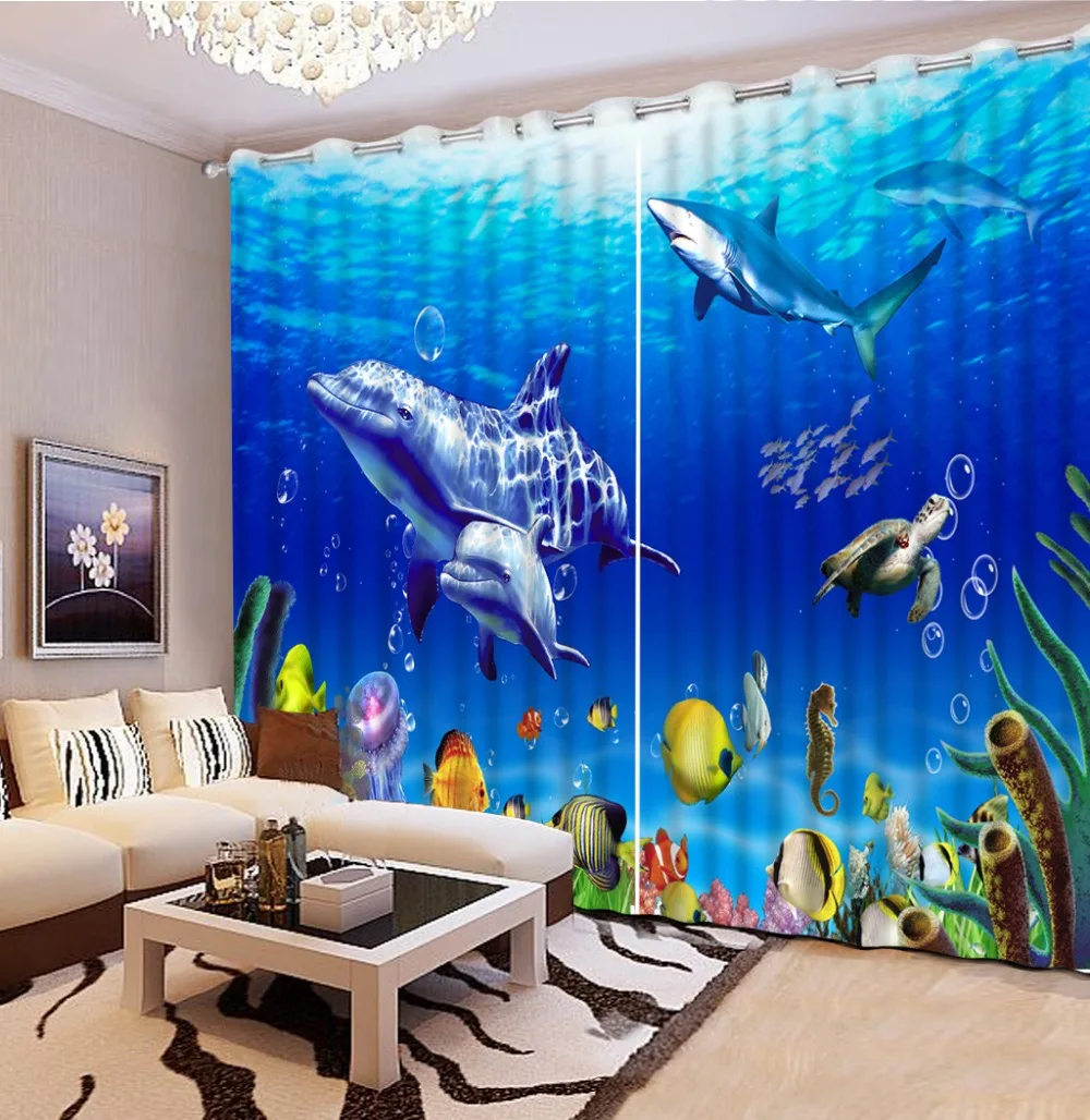 

Custom kids room window curtains window blackout curtains ocean dolphin blue living room curtains fashion curtains for home