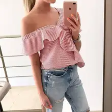 Women Blouse Summer Short Sleeve Shirts Ruffle Off Shoulder Blouse Clubwear Striped Blouse Ladies Sexy Tops For Party WS655X oblique shoulder ruffle trim knot cuff spot blouse