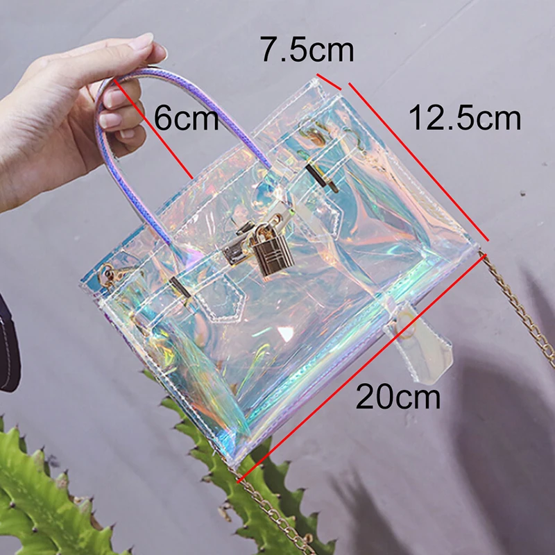 Laser Transparent Jelly Handbag Small Tote Messenger Bags Women With Lock Clear PVC Chain Shoulder Bag