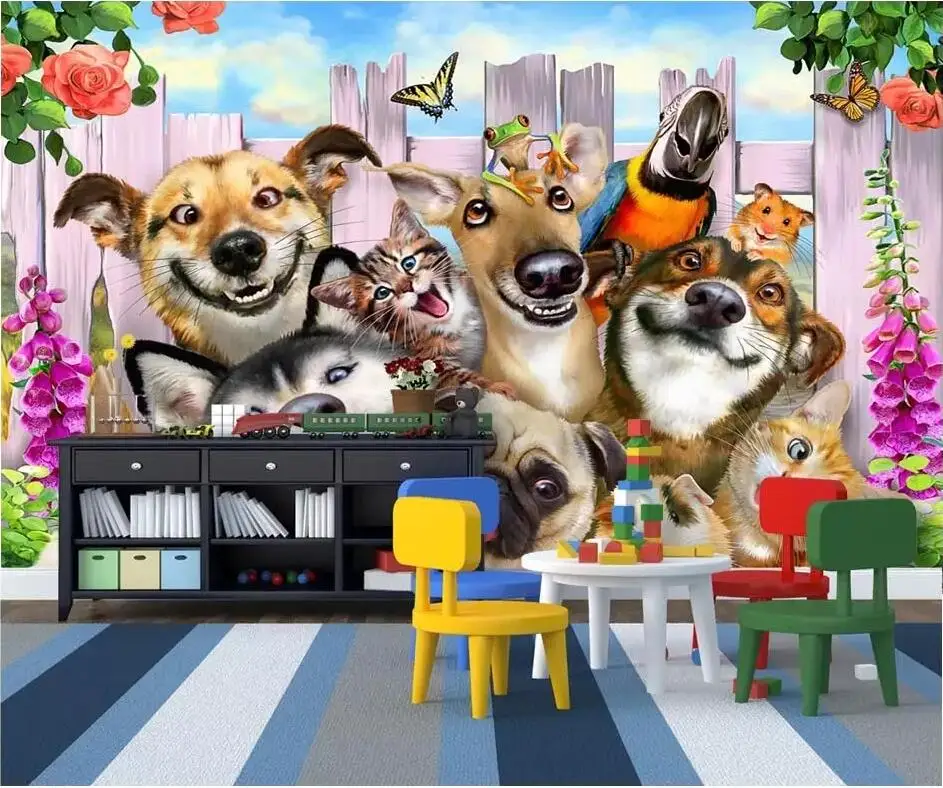 3d настенная бумага милый мультфильм сад собака кошка фон домашний декор