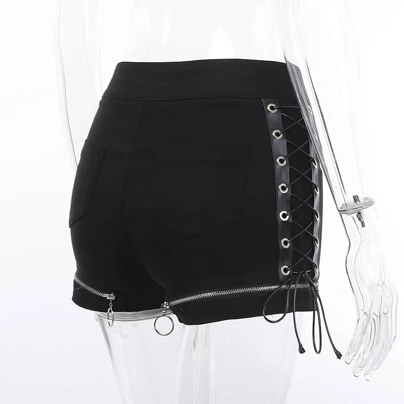 Summer Hot Shorts Women Black High Waist Bandage Casual Shorts Zipper Hollow Out Sexy Bodycon Female Gothic Black Mini Shorts