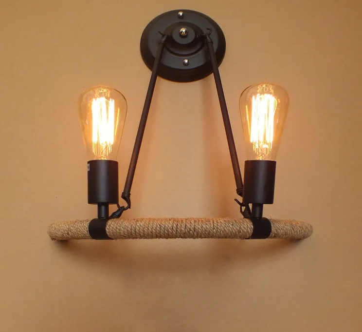 Nordic 2 heads E27 hemp rope Retro wall lamp creative linen rope iron
